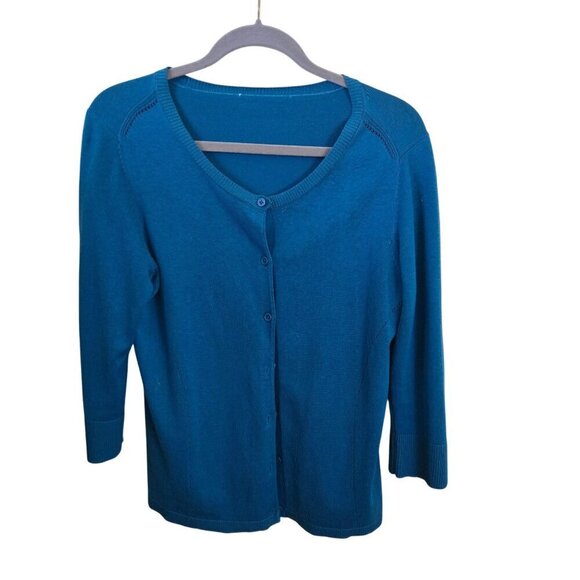 Coldwater Creek Silk Cotton Blend 3/4 Sleeve Teal Cardigan Sweater Size M - Picture 1 of 4